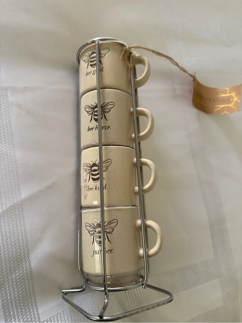 Cream Bee Ceramic Stackable Mugs with Metal Rack - Unbranded